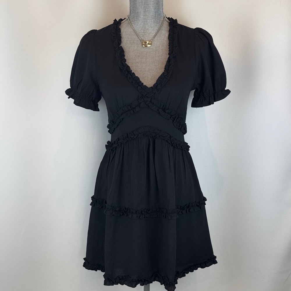 Francesca's Collections Black Ruffle V-Neck Mini Dress